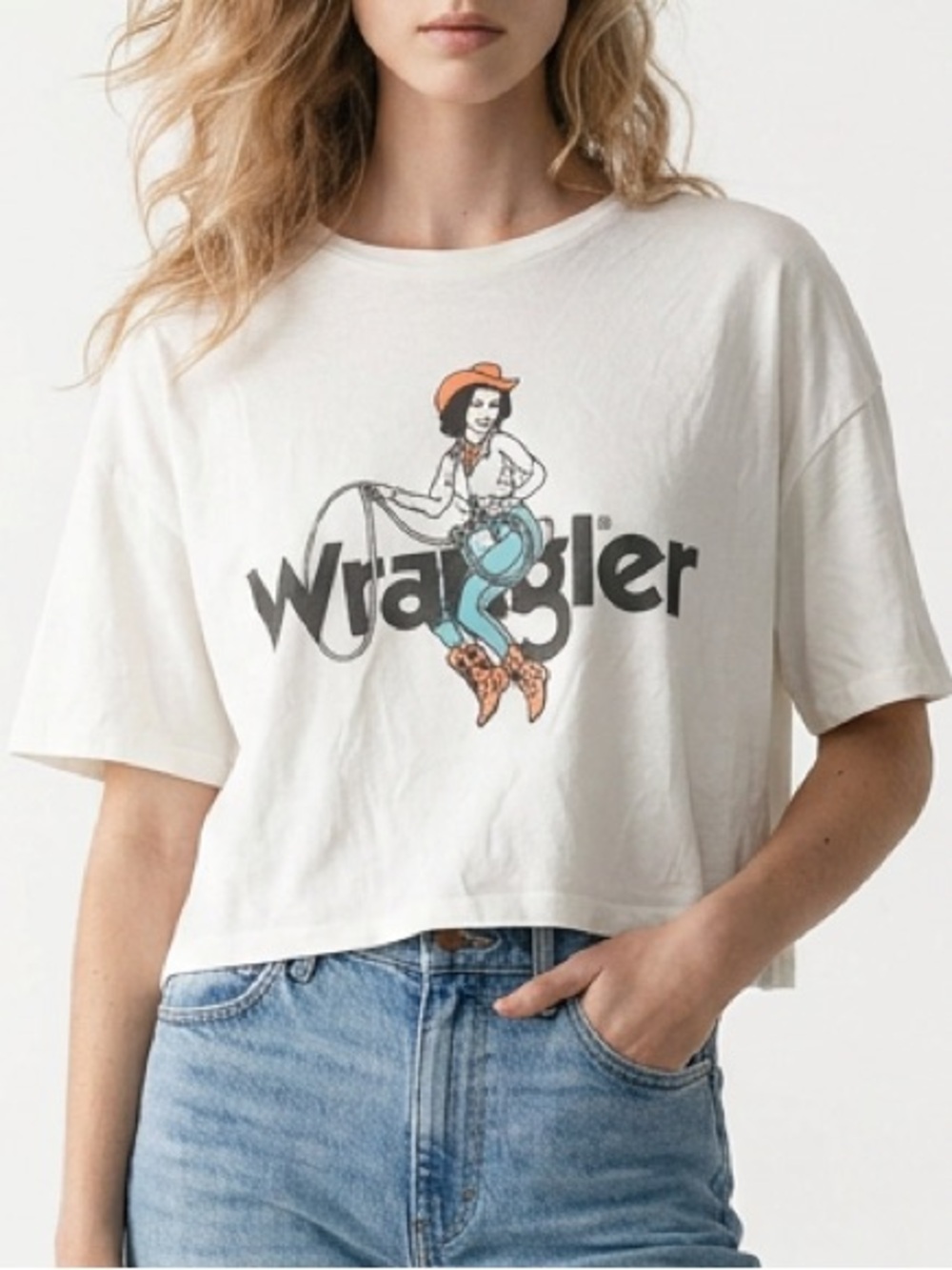 Wrangler White Cropped Tee with Orange and Teal Cowgirl Graphic - Picture 1 of 5